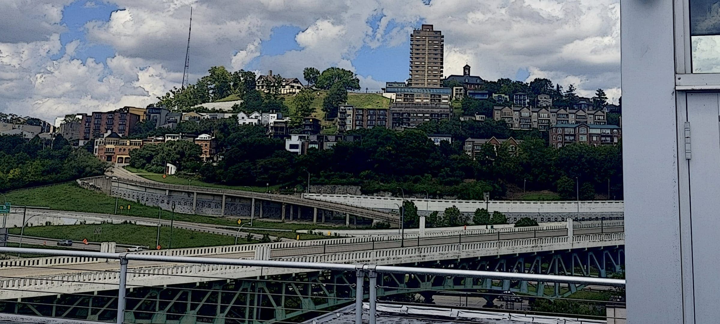 View of the Cincinnati riverfront and hillside from the building